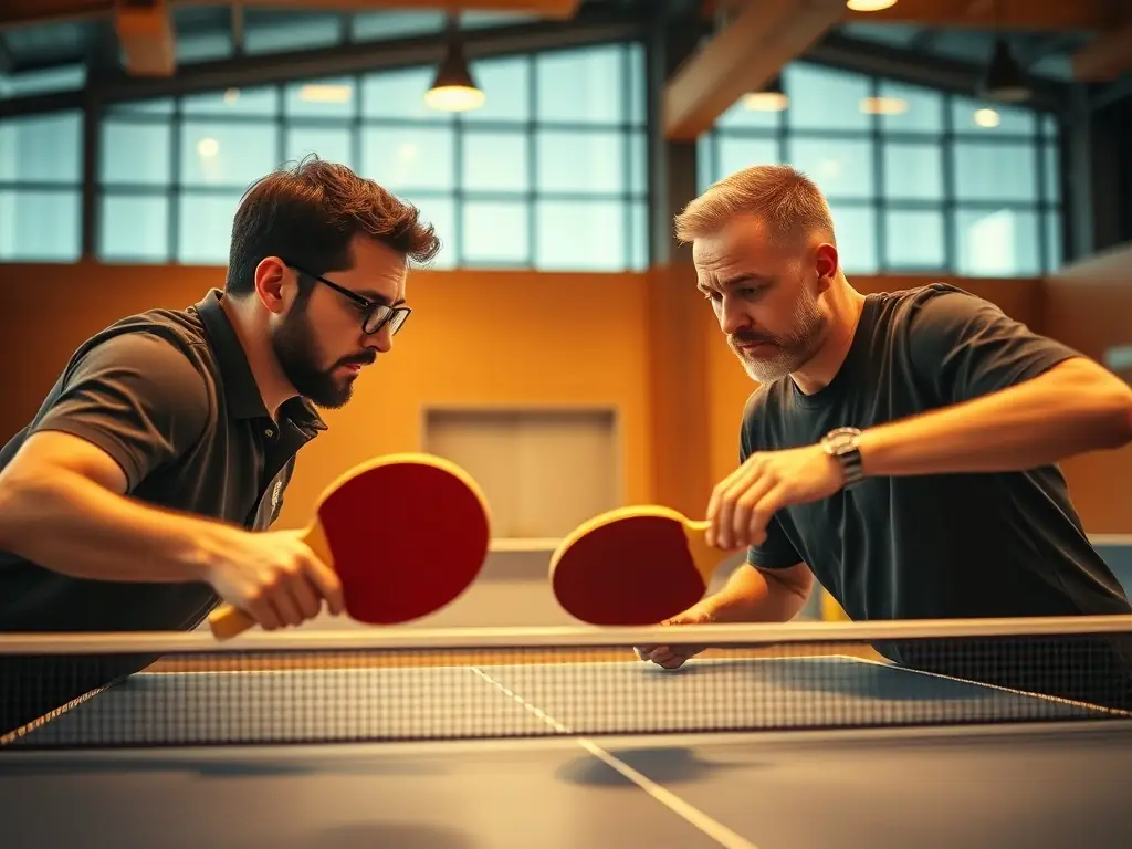 A dynamic image of adults engaged in a competitive table tennis match, highlighting the intensity and camaraderie of the adult program.