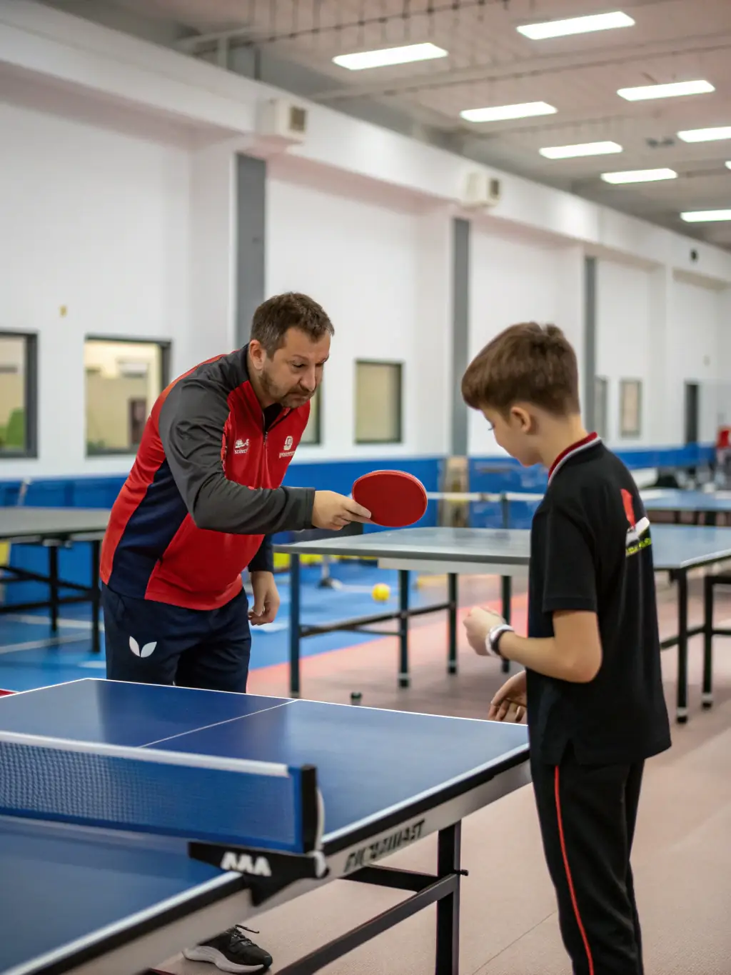 Image of a specialized training session focusing on advanced techniques, with a coach demonstrating a specific shot to a small group of experienced players at TENNIS DE TABLE AURILLACOIS.