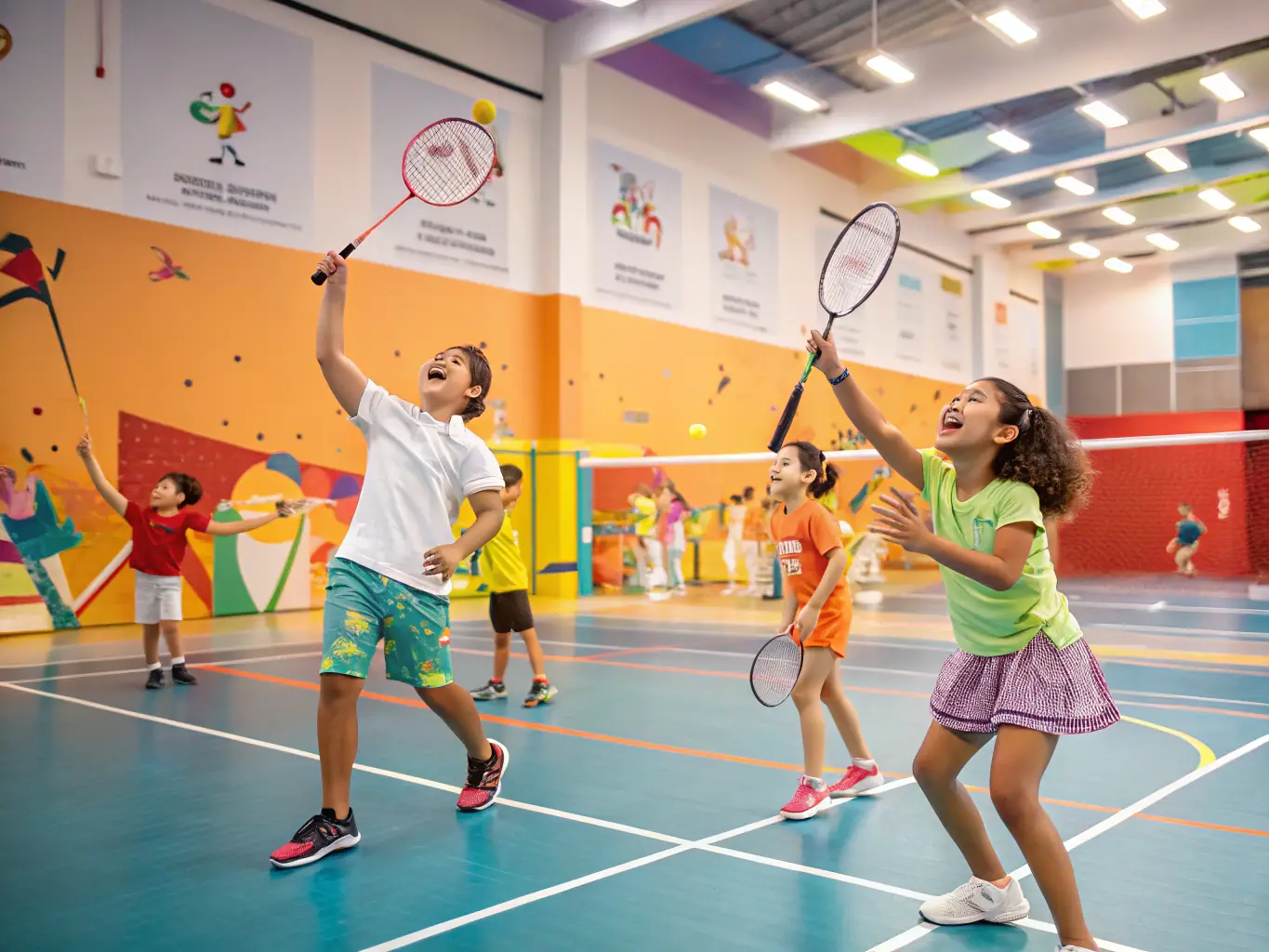 A vibrant image of children participating in a beginner's table tennis training session, with a coach providing guidance and encouragement. The setting is a well-lit gymnasium with multiple tables in use.