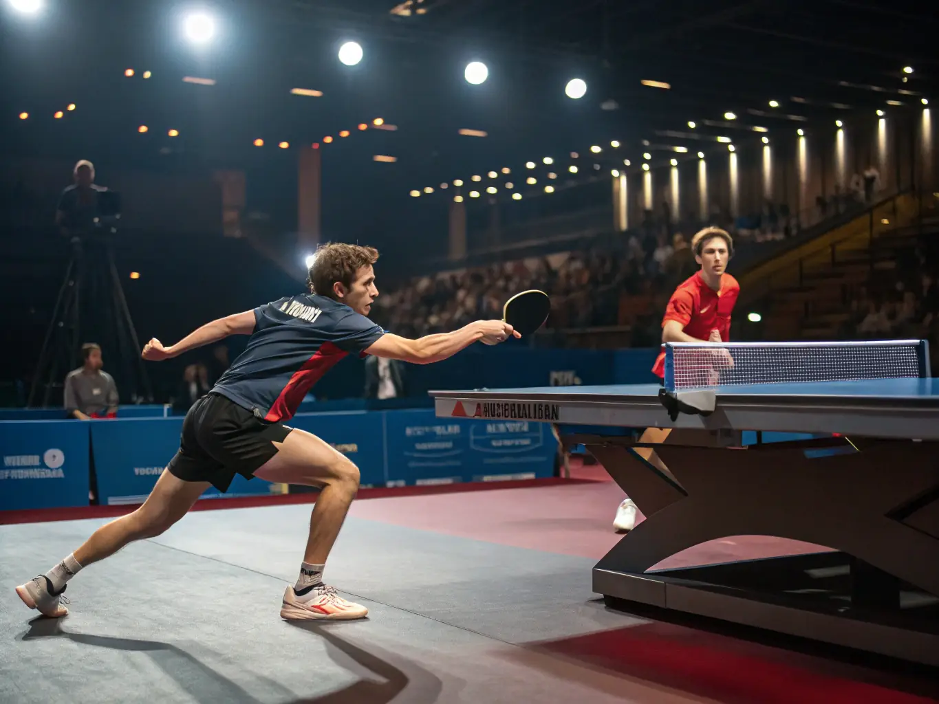 An action shot of two adults engaged in a competitive table tennis match, showcasing intense focus and skillful play. The background includes spectators and club branding.