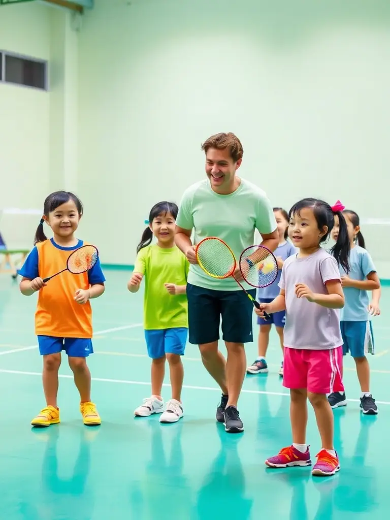 A vibrant photo capturing a junior table tennis training session at TENNIS DE TABLE AURILLACOIS, showcasing young players actively engaged in drills with a coach providing guidance.