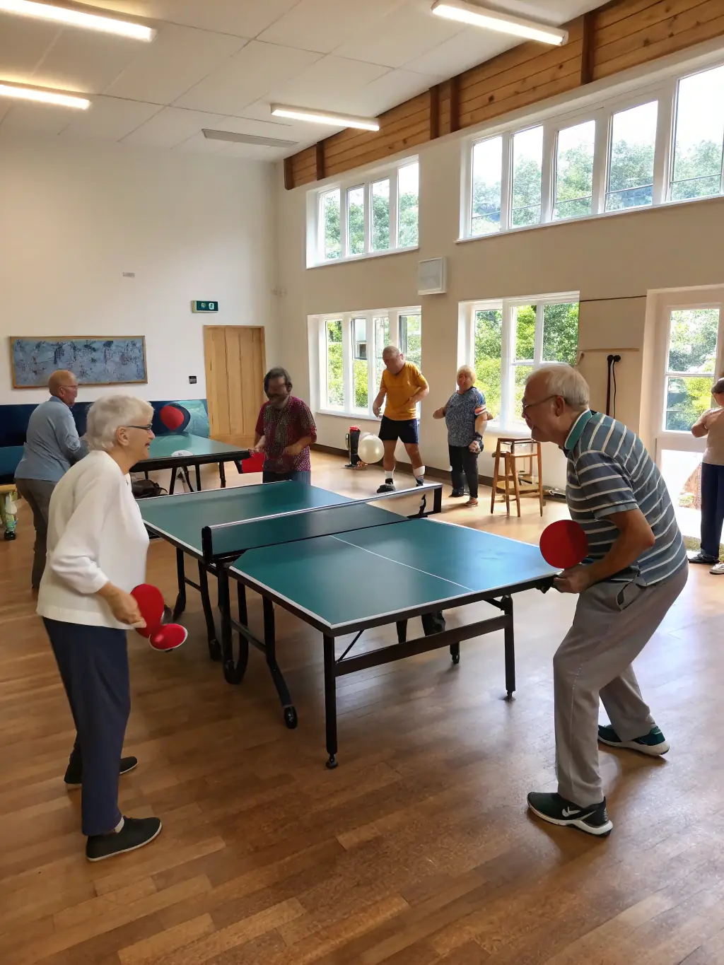 A group photo of participants in a social table tennis event at TENNIS DE TABLE AURILLACOIS, showing people of different ages and backgrounds enjoying a friendly game and socializing.