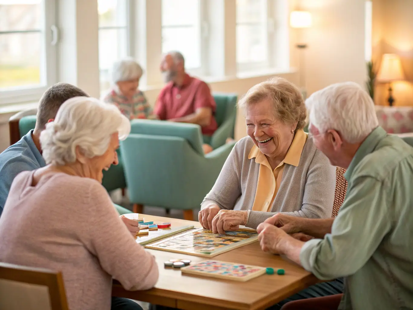 A group of senior citizens enjoying a friendly game of table tennis, emphasizing the social and health benefits of the sport. The atmosphere is relaxed and inclusive.