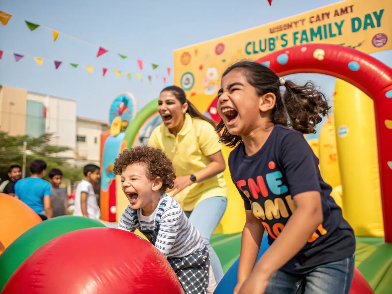 A group of diverse individuals, including children and adults, laughing and interacting while playing table tennis. The setting is a friendly and inclusive club environment, emphasizing the social benefits of the sport and the sense of community.
