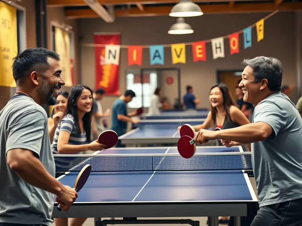 A heartwarming image of TENNIS DE TABLE AURILLACOIS members engaging in a community outreach program, teaching table tennis to children at a local school or community center.