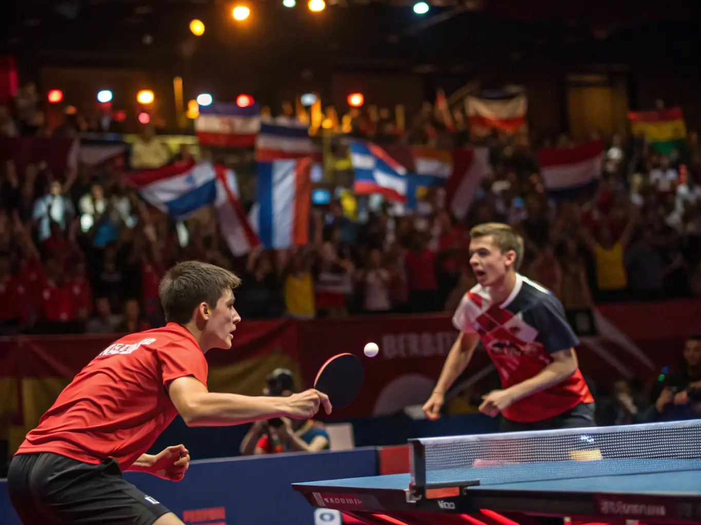 A vibrant action shot of two players engaged in a fast-paced table tennis match, showcasing the speed and agility required in the sport. The background includes other players and club members, creating a sense of community and active participation.